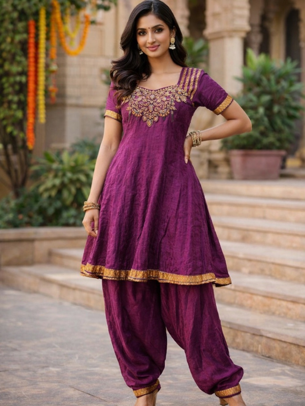 Indian Salwar Kameez Set Purple Gold Embroidered 2pc Anarkali Outfit Large